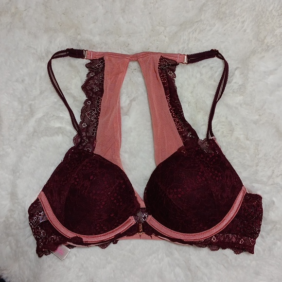 Like new! VS PINK date push up burgundy lace racer back bra 32B - Picture 3 of 8